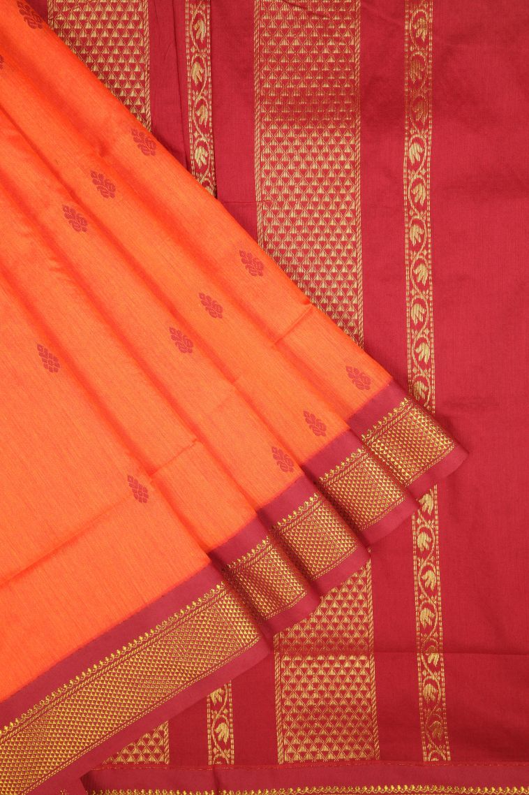 Tiger Orange Kalyani Cotton with Without Zari Zari Buttis (small Dots Or Motifs) view 1