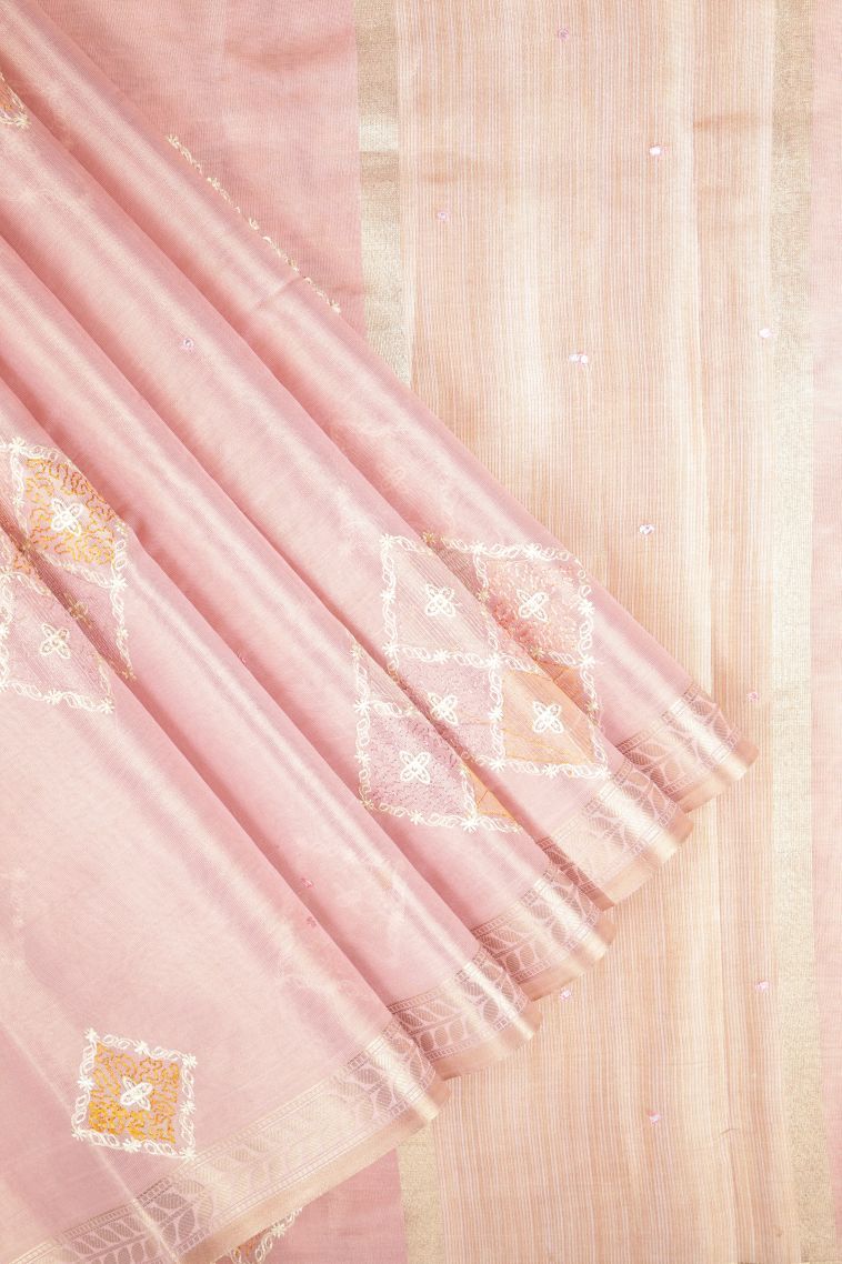 Crepe Pink Tussar Saree with Without Zari Zari Buttis (small Dots Or Motifs) view 1