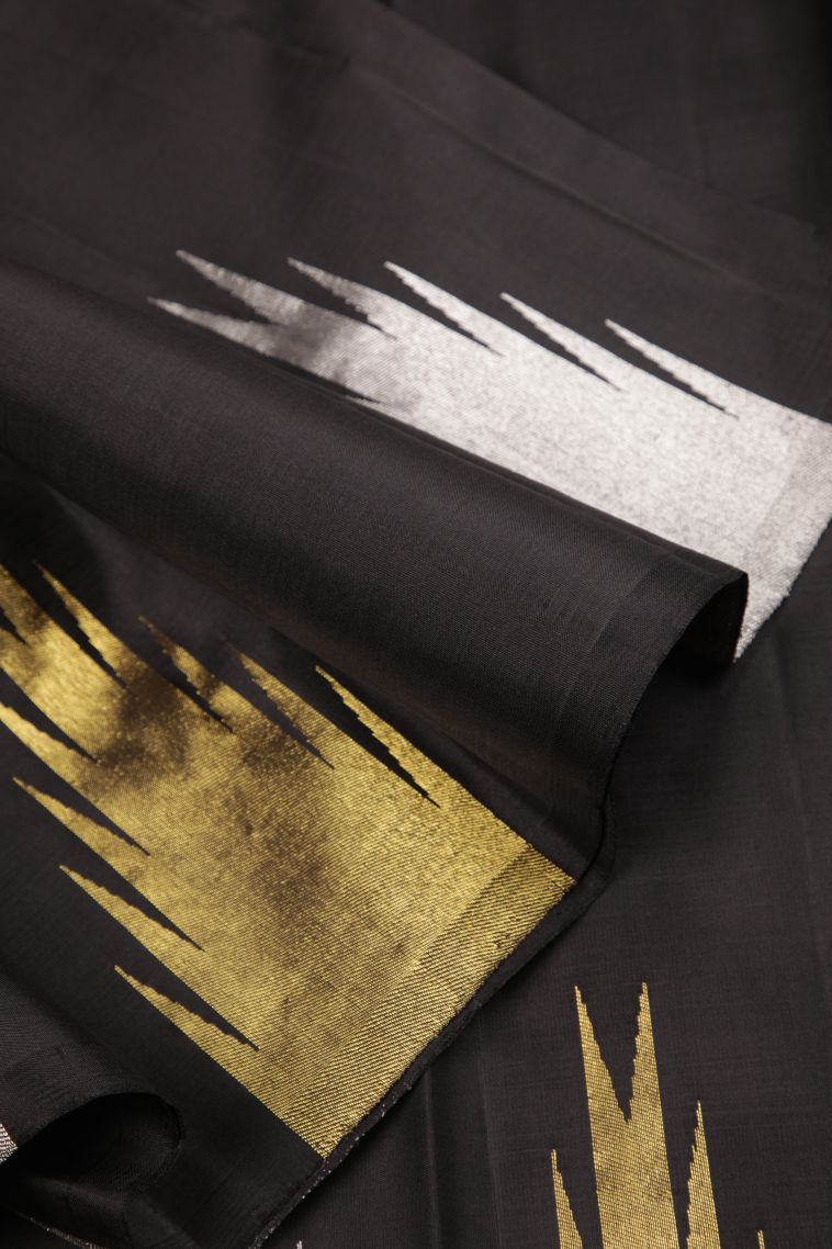 Asphalt Black Kanchipuram Silk Sarees with Gold And Silver Zari Plain view 4