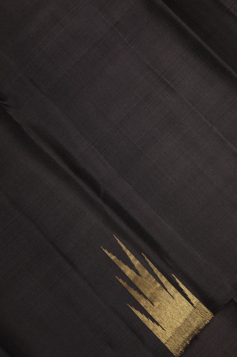 Asphalt Black Kanchipuram Silk Sarees with Gold And Silver Zari Plain view 3