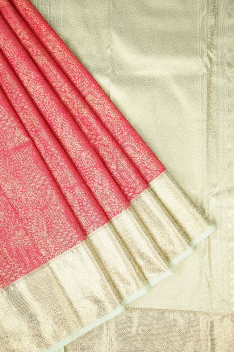 Rose  Red Samudrika Pattu with Copper Zari Floral Patterns view 1