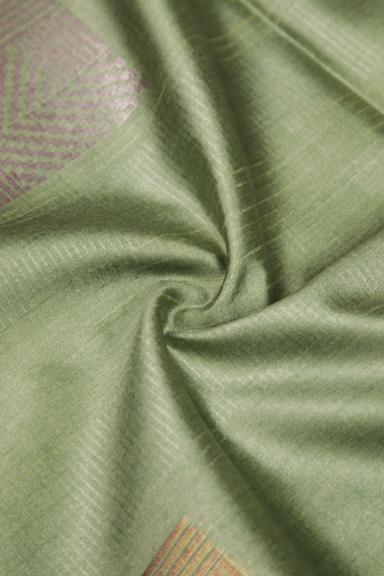 Olive Green Tussar Saree with Bronze Zari Buttis (small Dots Or Motifs) view 4
