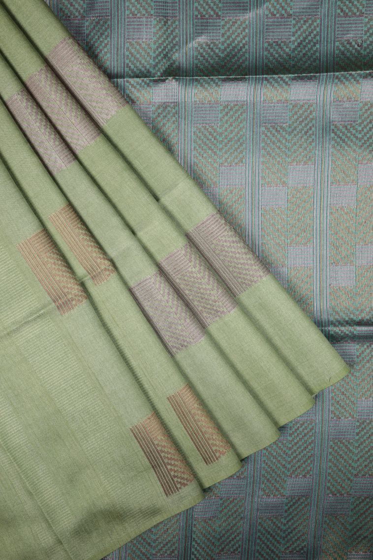 Olive Green Tussar Saree with Bronze Zari Buttis (small Dots Or Motifs) view 1