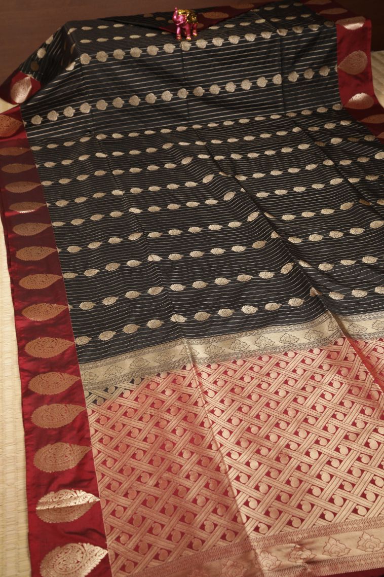 Asphalt Black Soft Silk Saree with Copper Zari Stripes view 2