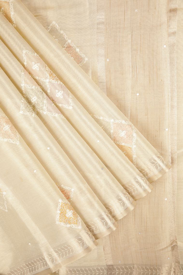 Cream White Tussar Saree with Without Zari Zari Floral Patterns view 1