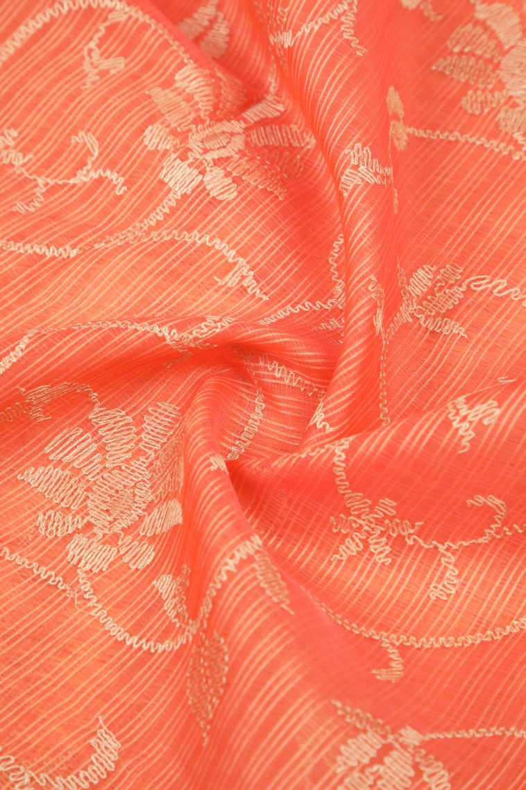 Coral Pink Tussar Saree with Without Zari Zari Floral Patterns view 4