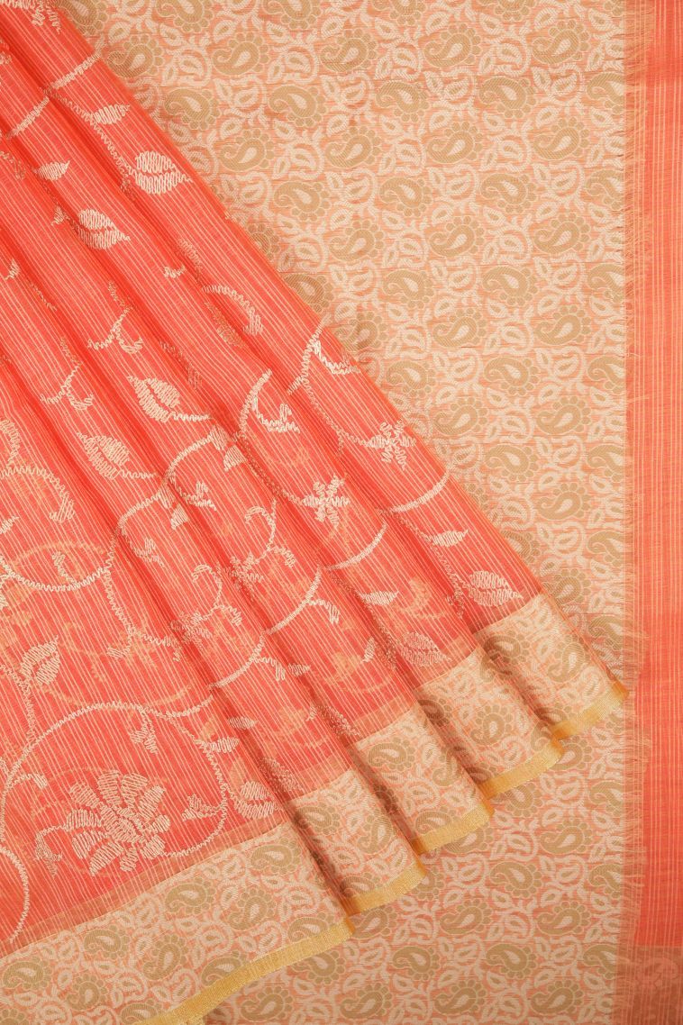 Coral Pink Tussar Saree with Without Zari Zari Floral Patterns view 1