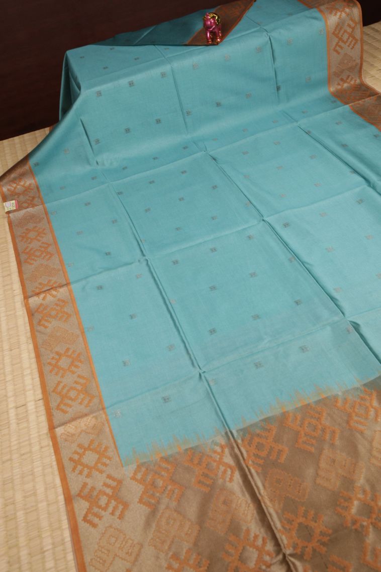 Sapphire Blue Tussar Saree with Bronze Zari Buttis (small Dots Or Motifs) view 2