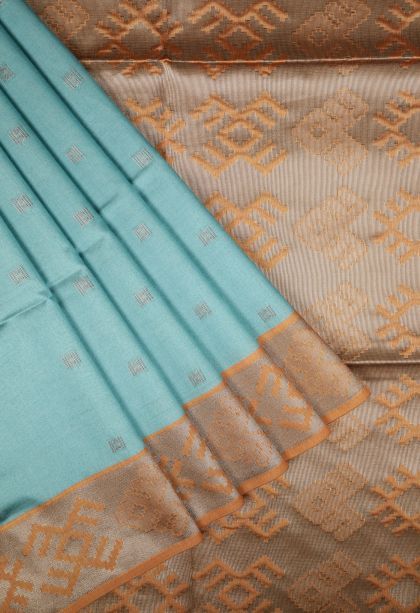 Sapphire Blue Tussar Saree with Bronze Zari Buttis (small Dots Or Motifs)