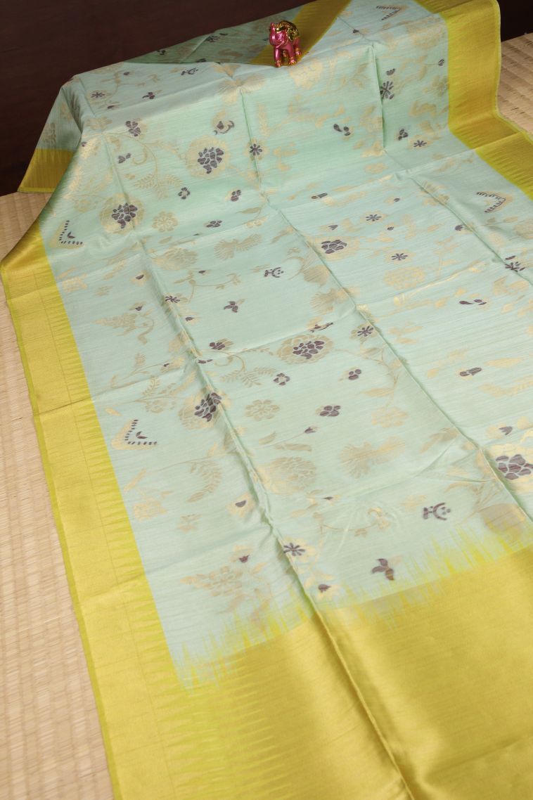 Mint Green Tussar Saree with Silver Zari Floral Patterns view 2