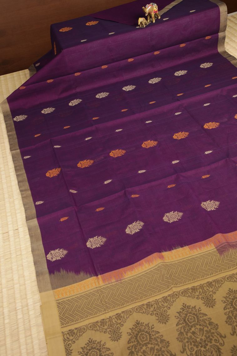 Bosenberry Purple Pure Handloom Kovai Cotton with Without Zari Zari Buttis (small Dots Or Motifs) view 2