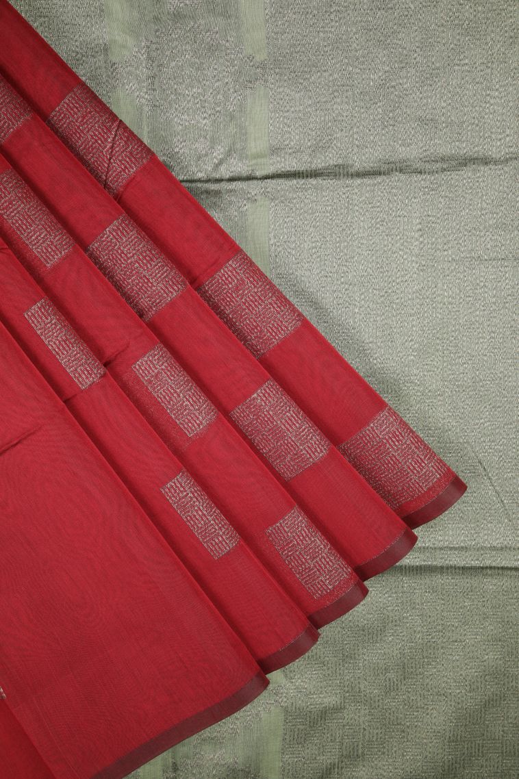 Apple Red Silk Cotton Sarees with Bronze Zari Buttis (small Dots Or Motifs) view 1
