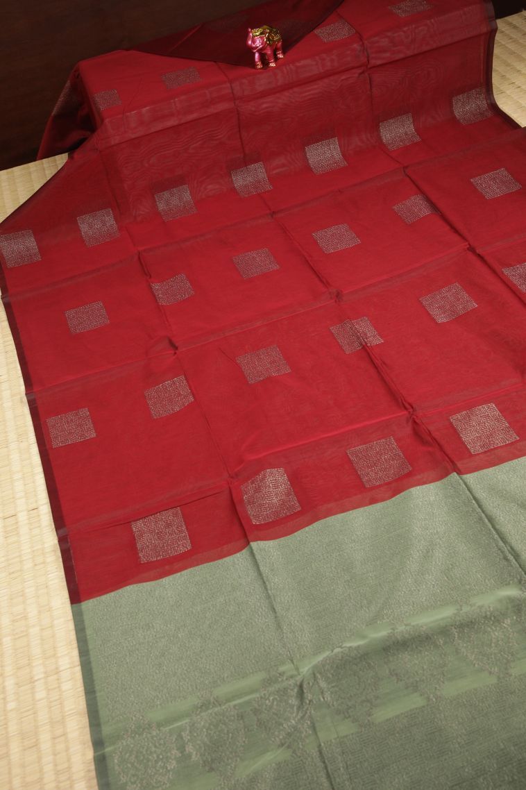 Apple Red Silk Cotton Sarees with Bronze Zari Buttis (small Dots Or Motifs) view 2