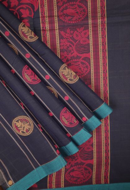 Navy Blue Kovai Cotton Sarees with Without Zari Zari Buttis (small Dots Or Motifs)