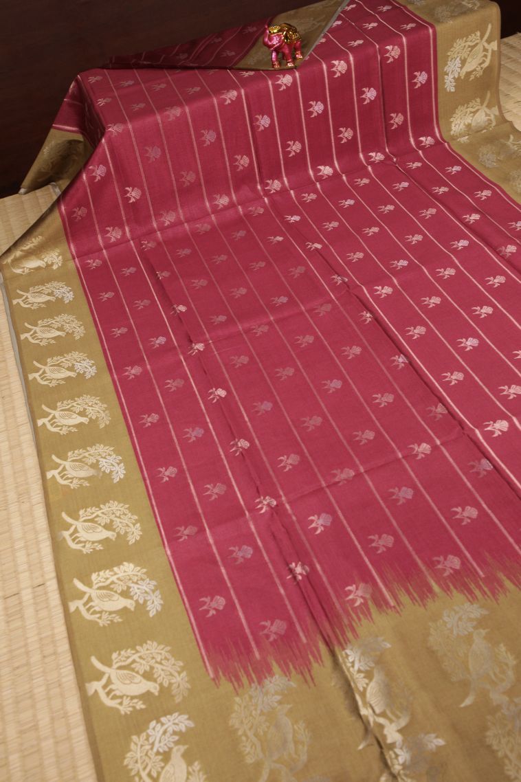 Rosewood Pink Tussar Saree with Silver Zari Stripes view 2