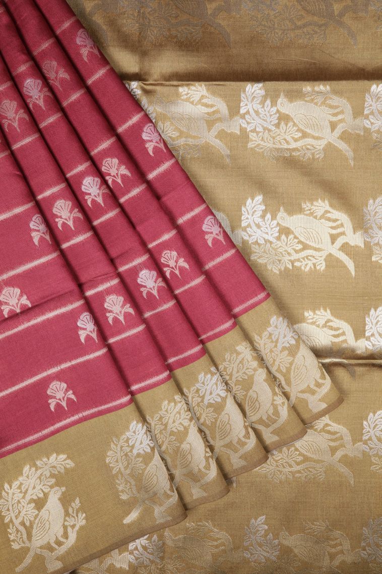Rosewood Pink Tussar Saree with Silver Zari Stripes view 1
