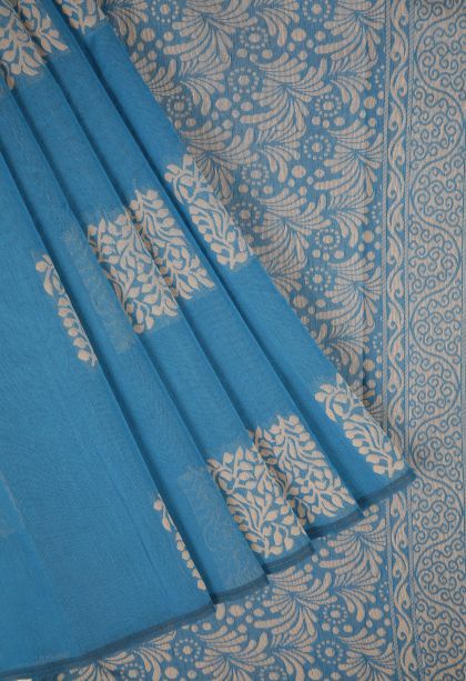 Cerulean Blue Silk Cotton with Without Zari Zari Buttis (small Dots Or Motifs)
