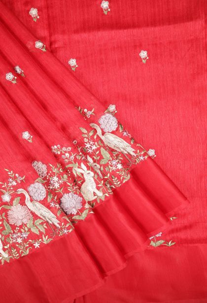 Rose  Red Tussar Saree with Without Zari Zari Buttis (small Dots Or Motifs)