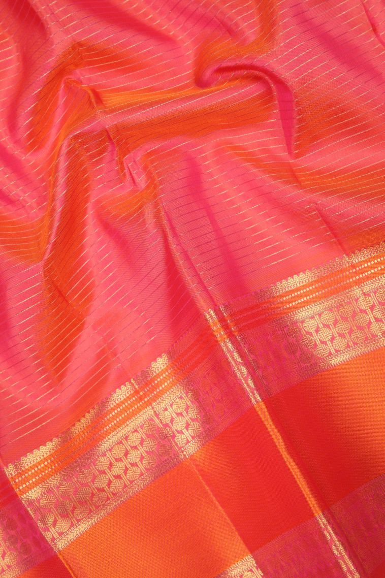 Strawberry Pink Kanchipuram Silk Sarees with Gold Zari Checks view 3
