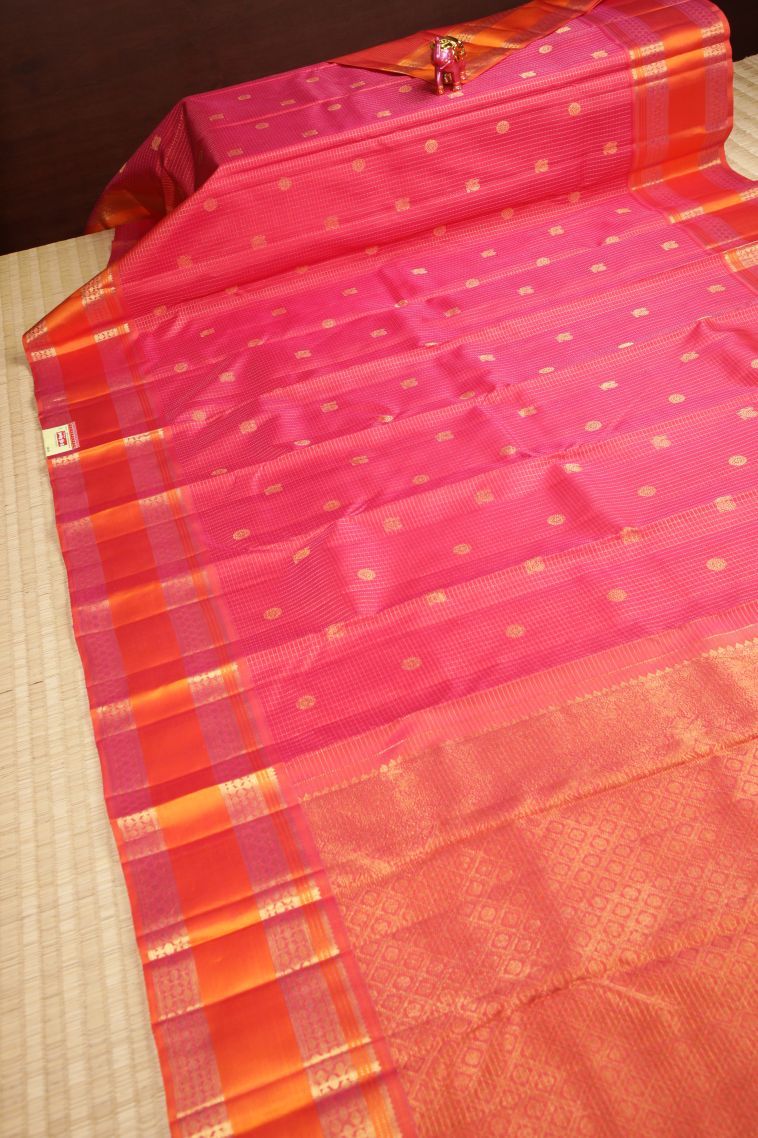 Strawberry Pink Kanchipuram Silk Sarees with Gold Zari Checks view 2