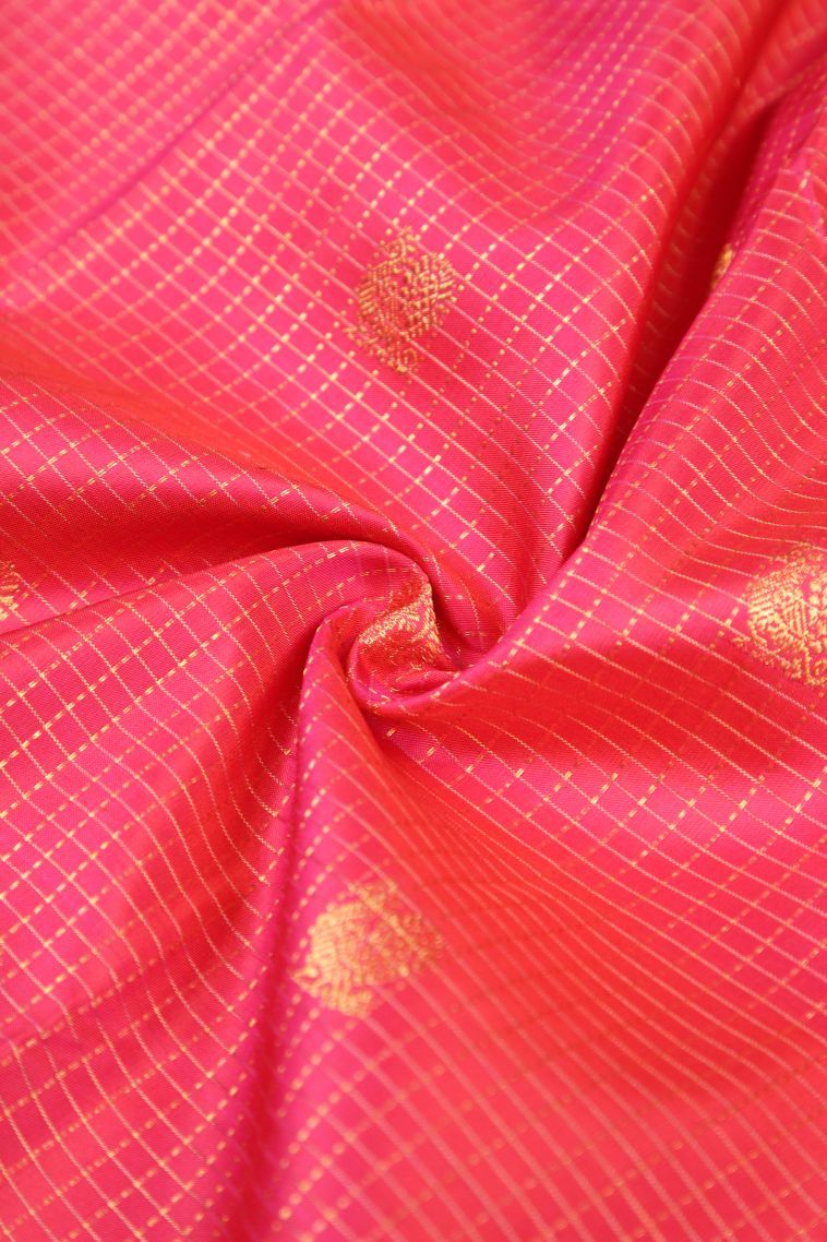 Strawberry Pink Kanchipuram Silk Sarees with Gold Zari Checks view 4