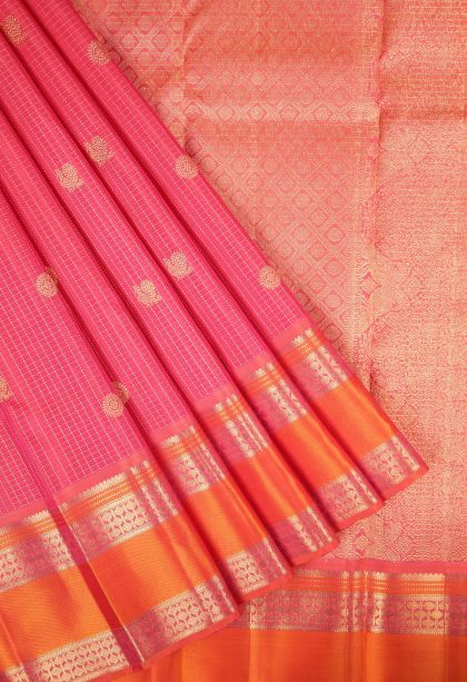 Strawberry Pink Kanchipuram Silk Sarees with Gold Zari Checks
