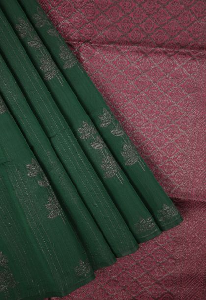 Bottle Green Silk Cotton Sarees with Bronze Zari Stripes