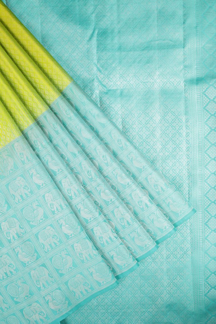 Lime Green Soft Silk Saree with Silver Zari Buttis (small Dots Or Motifs) view 1