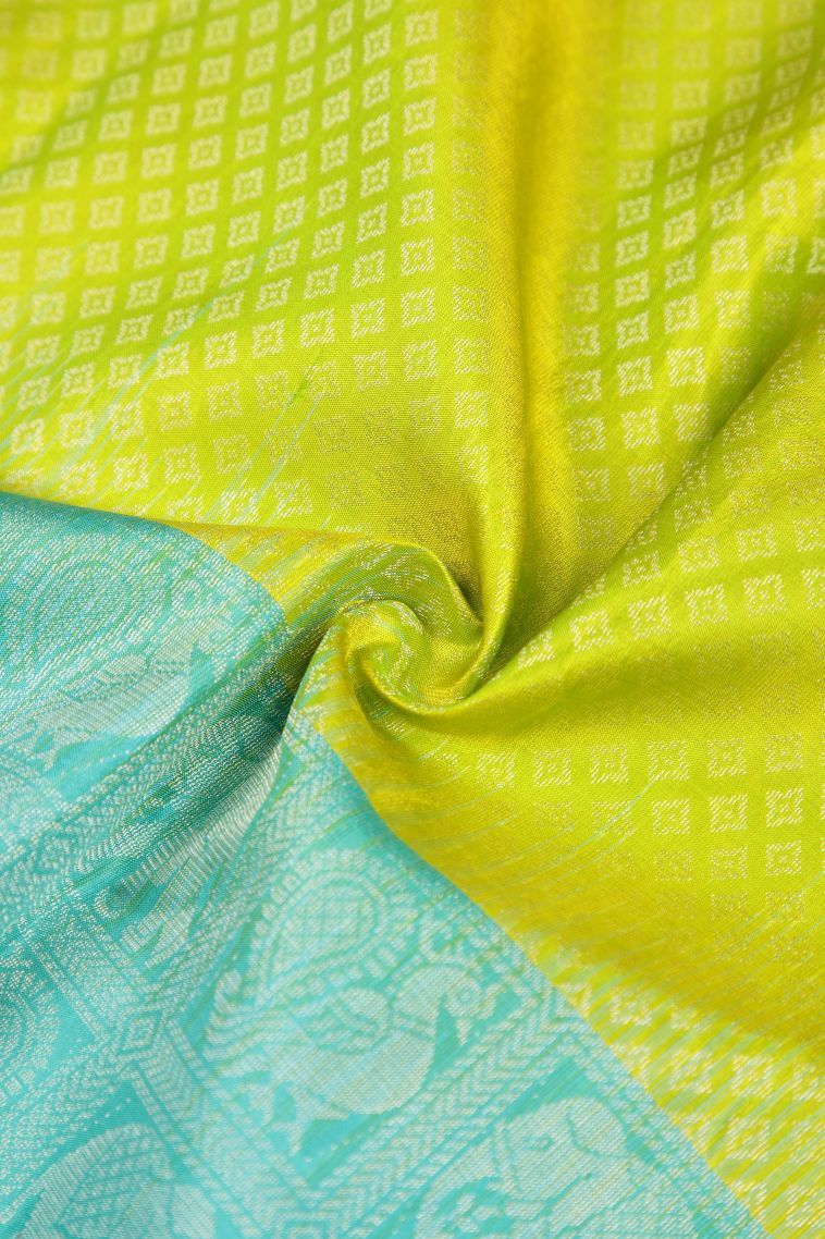 Lime Green Soft Silk Saree with Silver Zari Buttis (small Dots Or Motifs) view 4