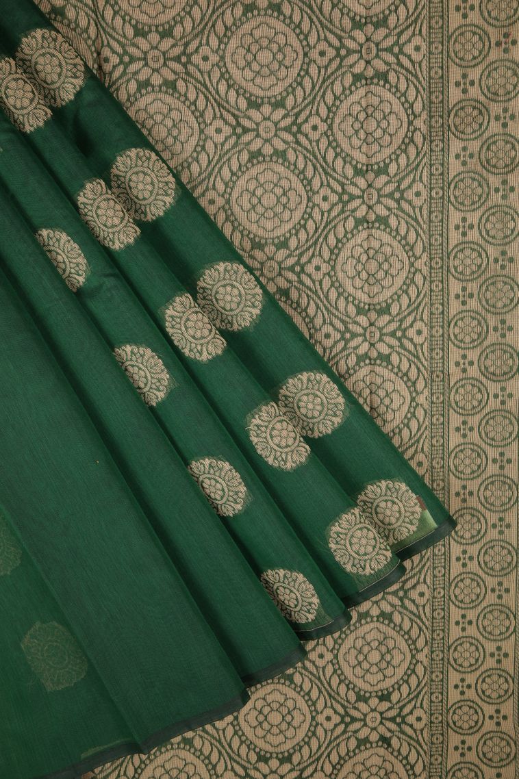 Bottle Green Silk Cotton with Without Zari Zari Buttis (small Dots Or Motifs) view 1