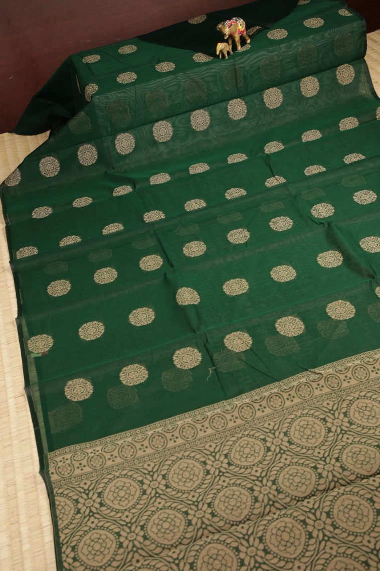 Bottle Green Silk Cotton with Without Zari Zari Buttis (small Dots Or Motifs) view 2