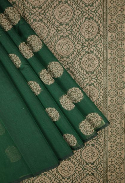 Bottle Green Silk Cotton with Without Zari Zari Buttis (small Dots Or Motifs)