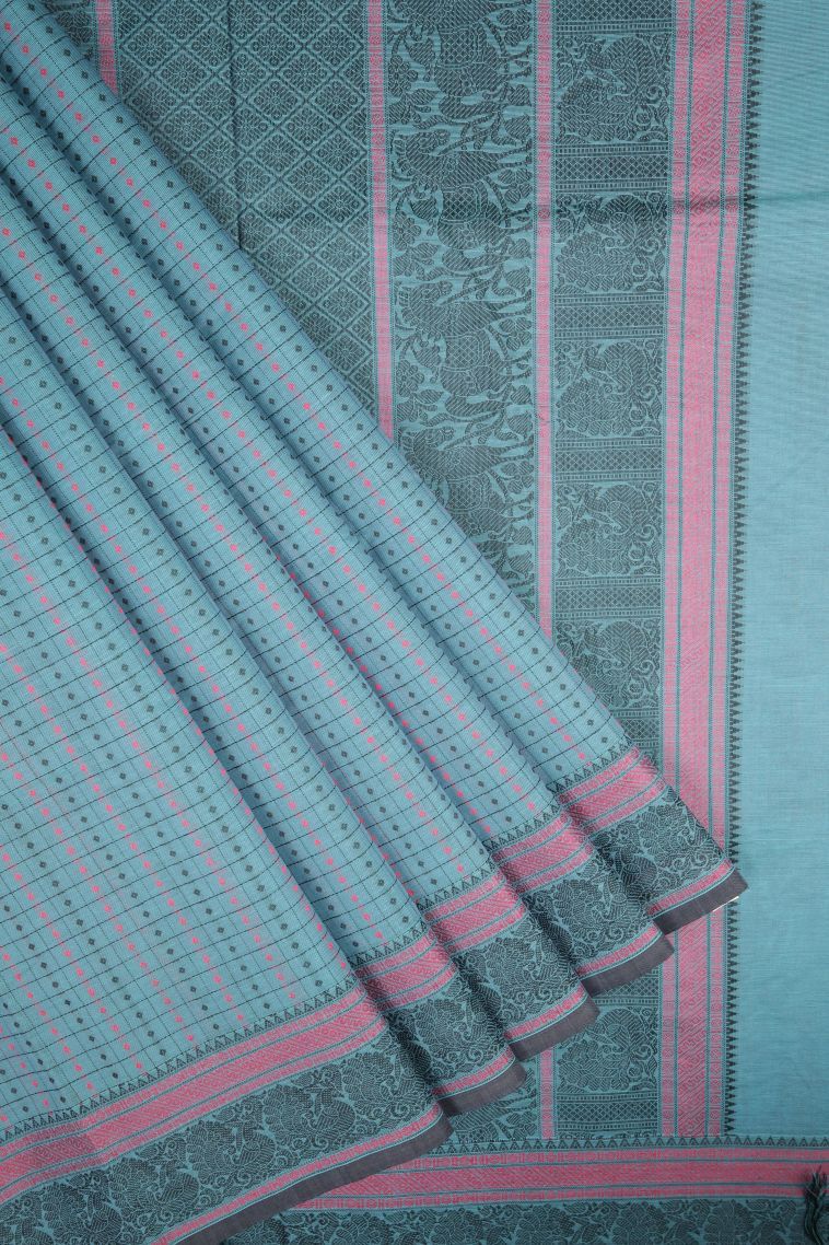 Aegean Blue Pure Handloom Kovai Cotton with Without Zari Zari Buttis (small Dots Or Motifs) view 1