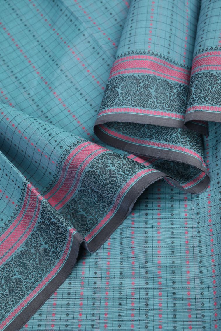 Aegean Blue Pure Handloom Kovai Cotton with Without Zari Zari Buttis (small Dots Or Motifs) view 4