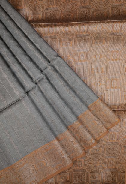 Gray Black Tussar Saree with Bronze Zari Stripes