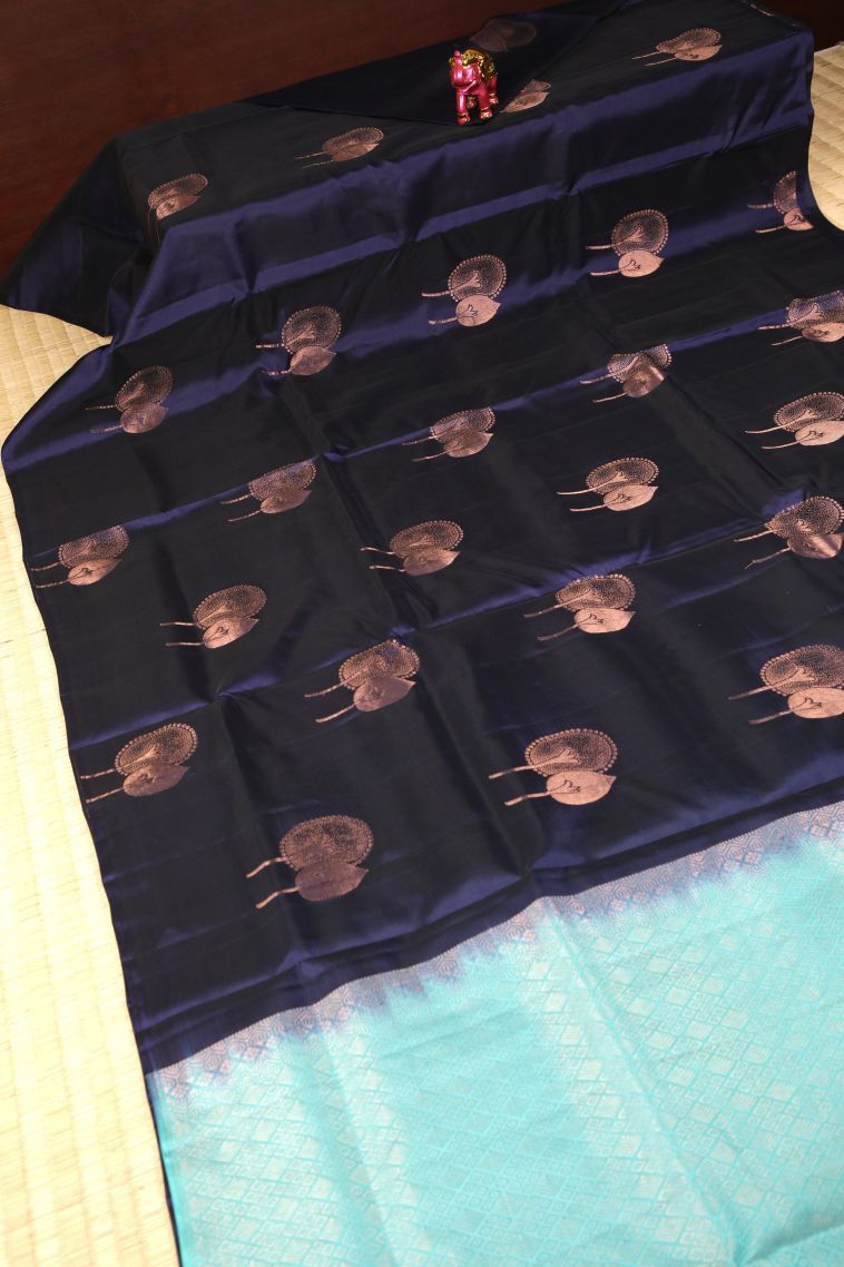 Navy Blue Soft Silk Saree with Copper Zari Buttis (small Dots Or Motifs) view 2