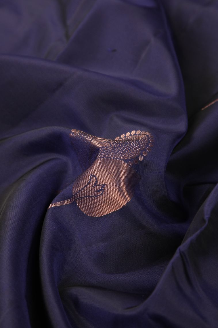 Navy Blue Soft Silk Saree with Copper Zari Buttis (small Dots Or Motifs) view 4