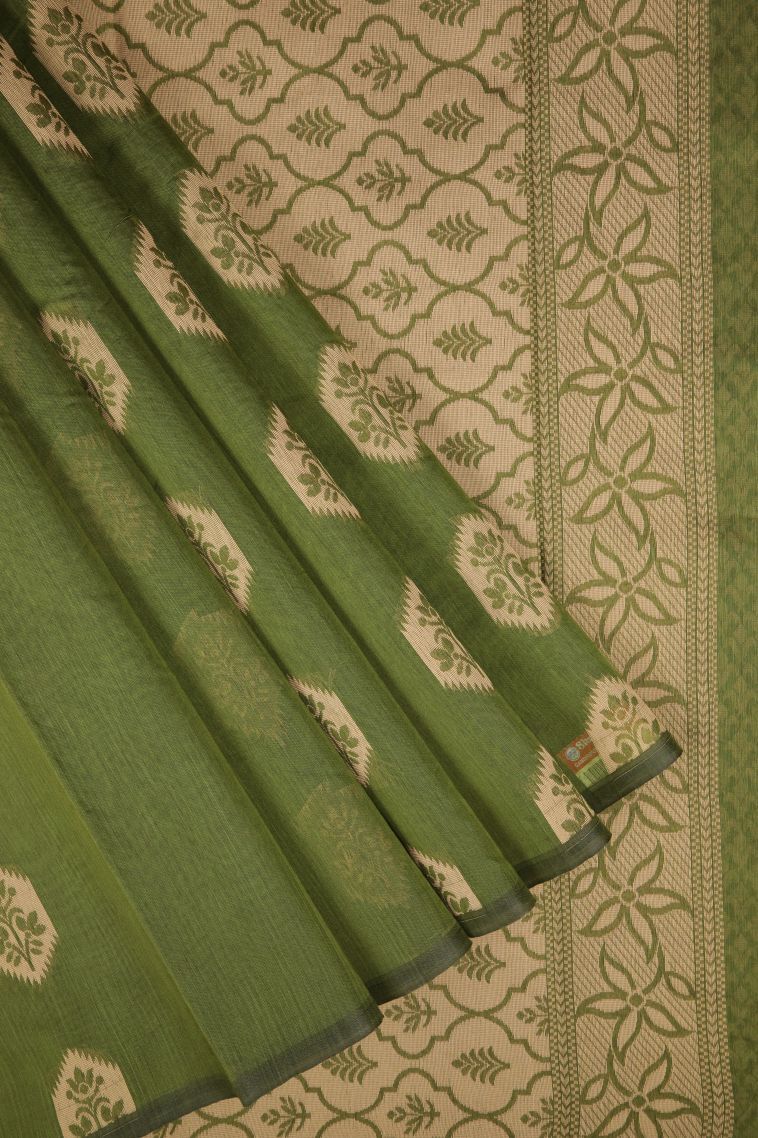 Basil Green Silk Cotton with Without Zari Zari Buttis (small Dots Or Motifs) view 1