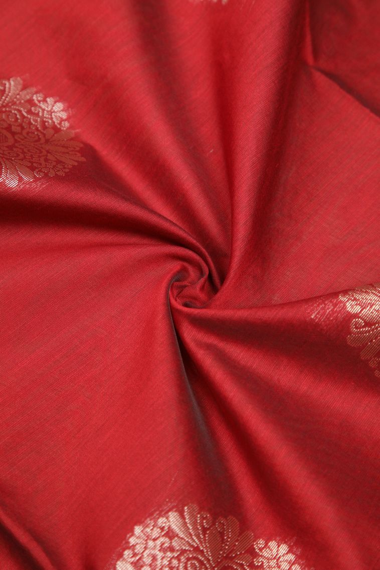 Rose  Red Silk Cotton Sarees with Silver Zari Buttis (small Dots Or Motifs) view 4