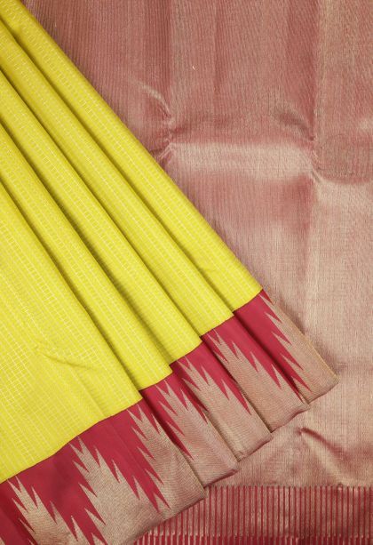 Lime Green Kanchipuram Silk Sarees with Gold Zari Checks