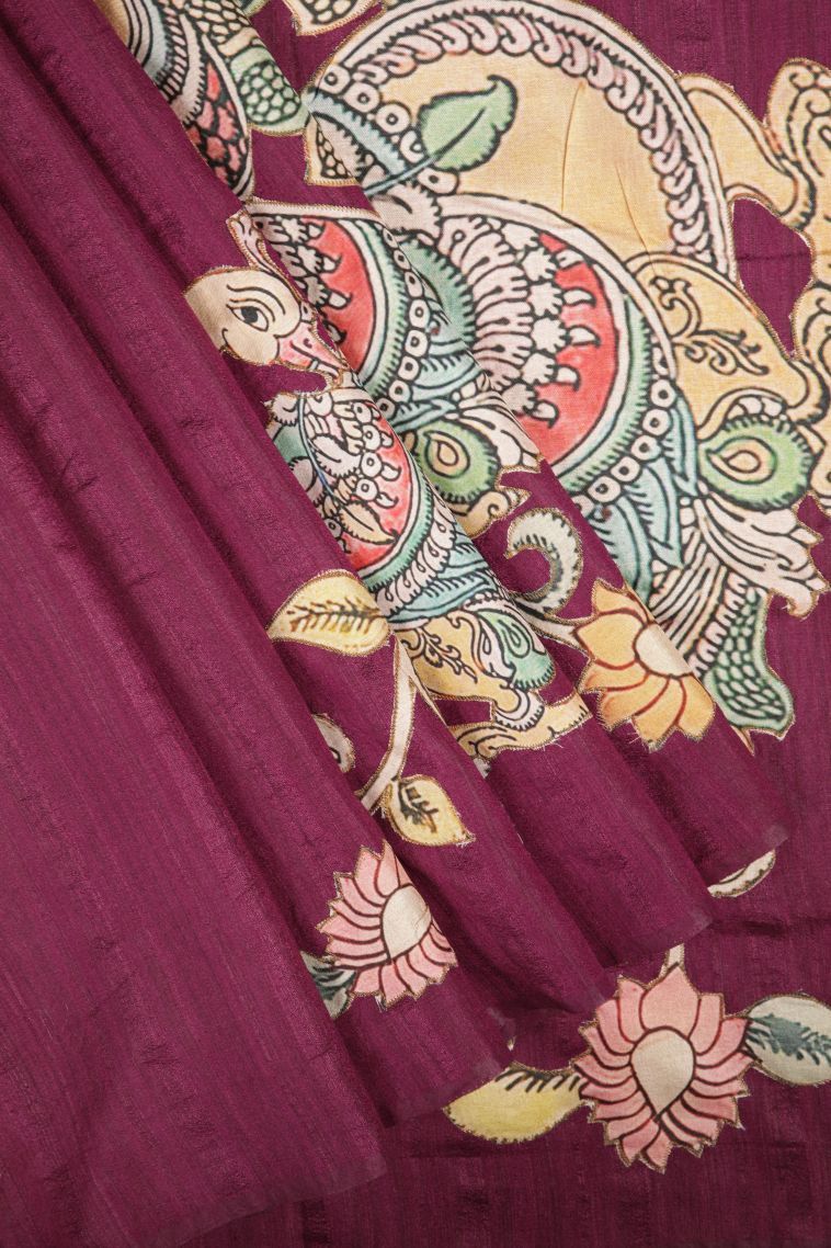 Magenta Purple Tussar Saree with Without Zari Zari Floral Patterns view 1