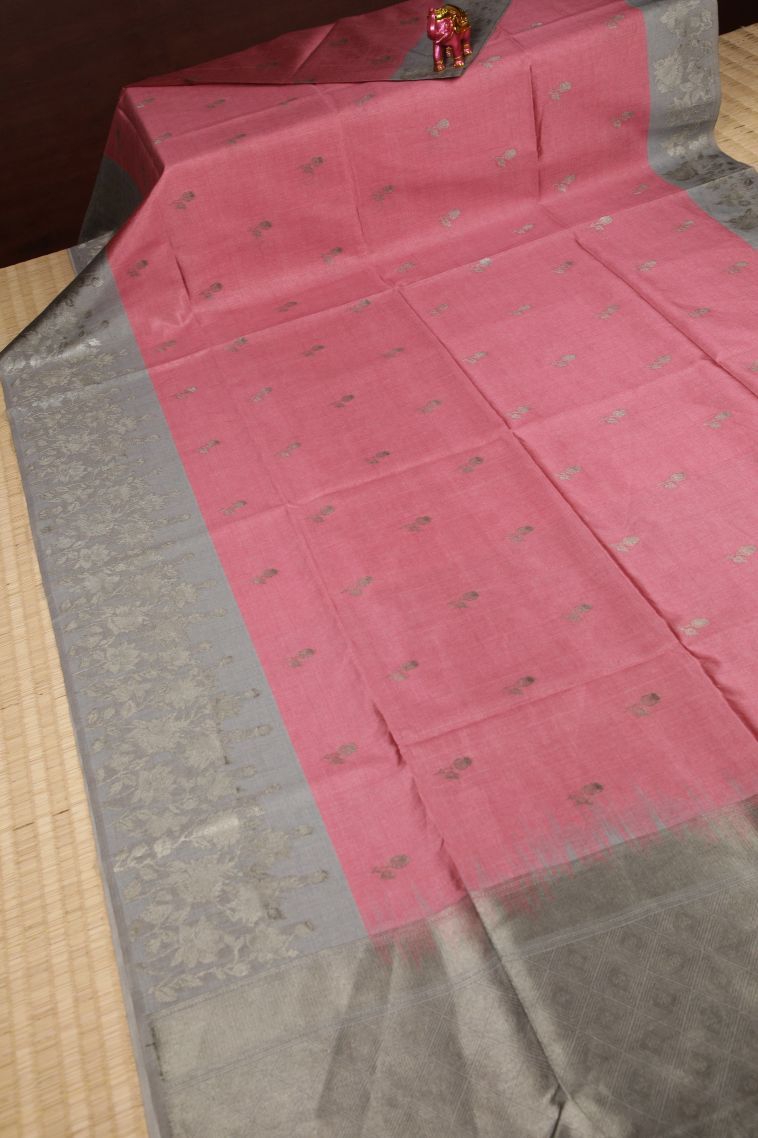 Lemonade Pink Tussar Saree with Bronze Zari Buttis (small Dots Or Motifs) view 2