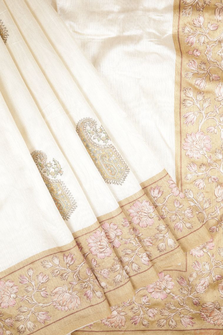 Frost White Tussar Saree with Without Zari Zari Buttis (small Dots Or Motifs) view 1