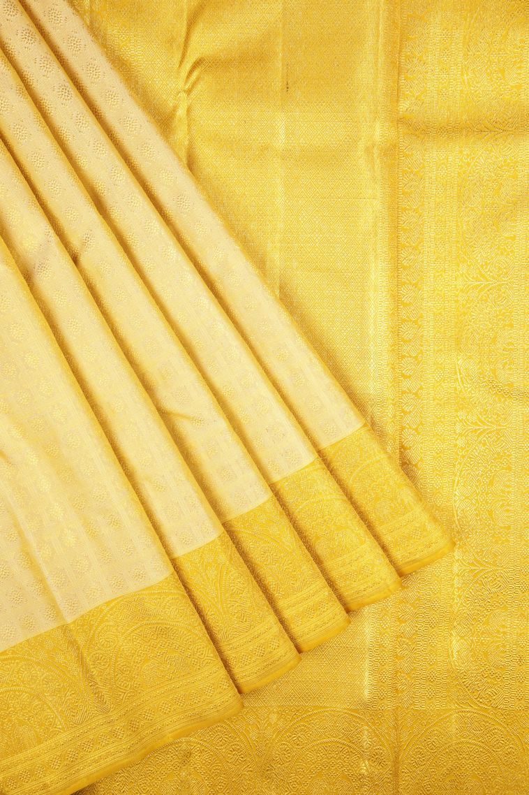 Cream White Kanchipuram Silk Sarees with Gold Zari Buttis (small Dots Or Motifs) view 1