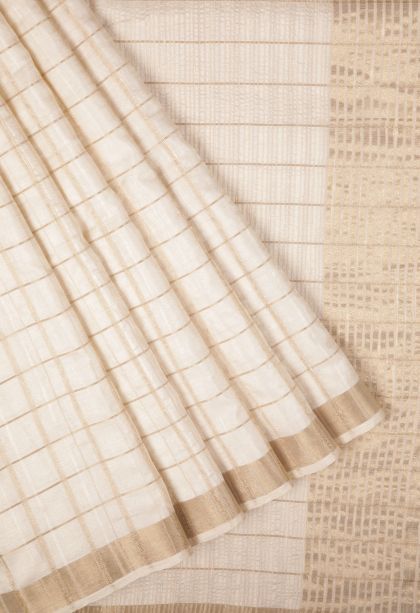 Pearl White Tussar Saree with Copper Zari Checks