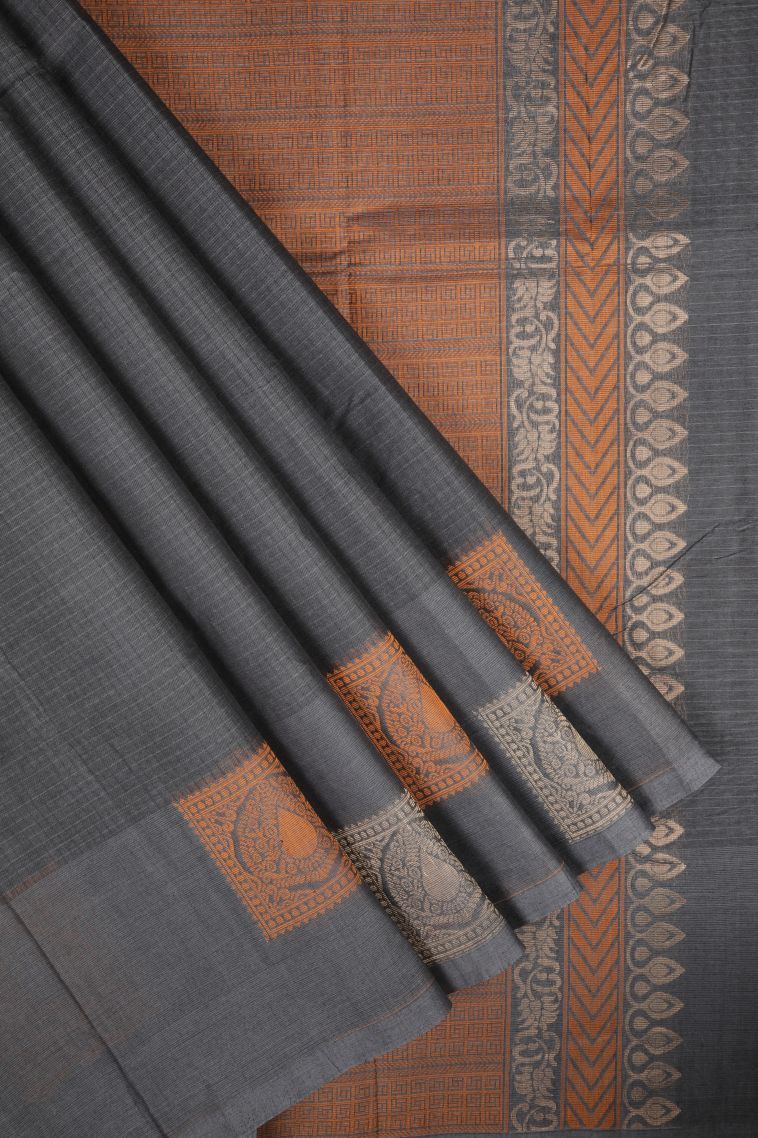Olive Black Kovai Cotton Sarees with Without Zari Zari Plain view 1