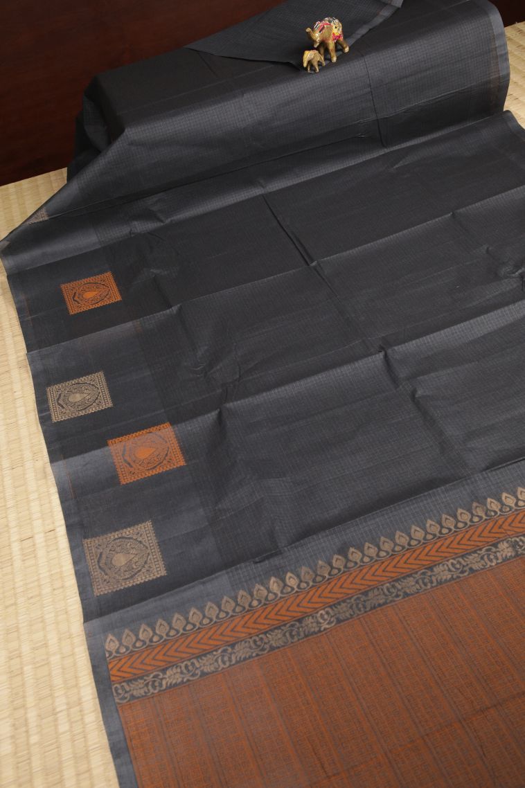Olive Black Kovai Cotton Sarees with Without Zari Zari Plain view 2