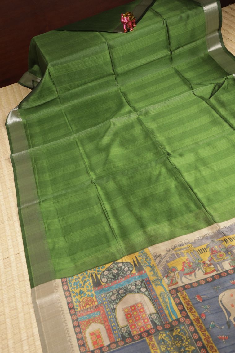 Basil Green Tussar Saree with Without Zari Zari Plain view 2