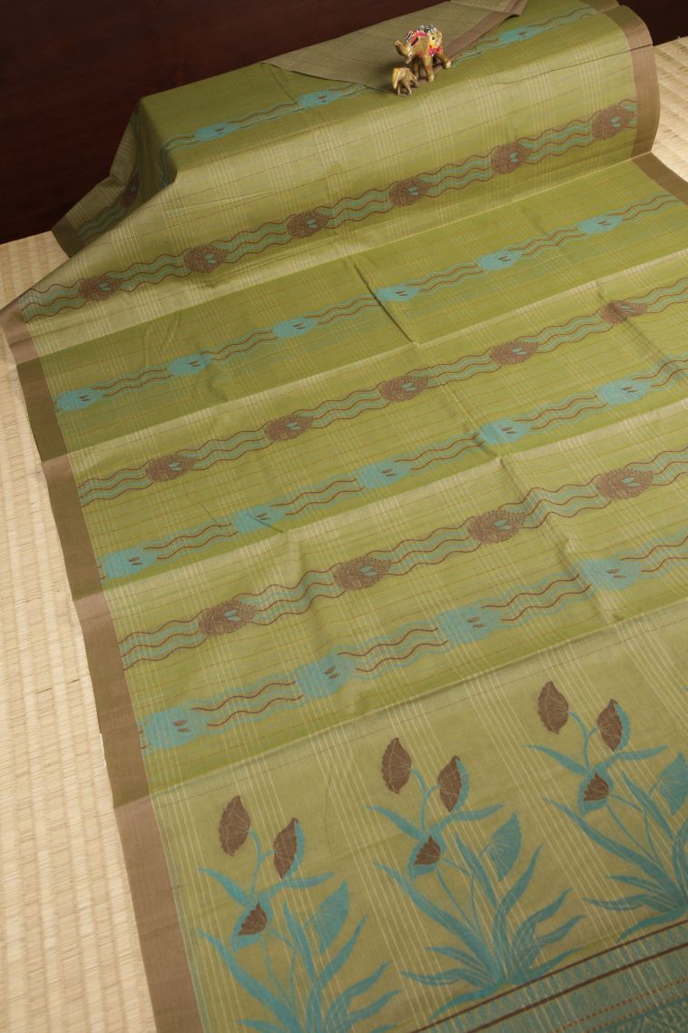 Olive Green Kovai Cotton Sarees with Without Zari Zari Stripes view 2