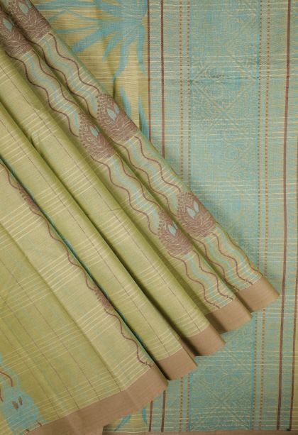 Olive Green Kovai Cotton Sarees with Without Zari Zari Stripes
